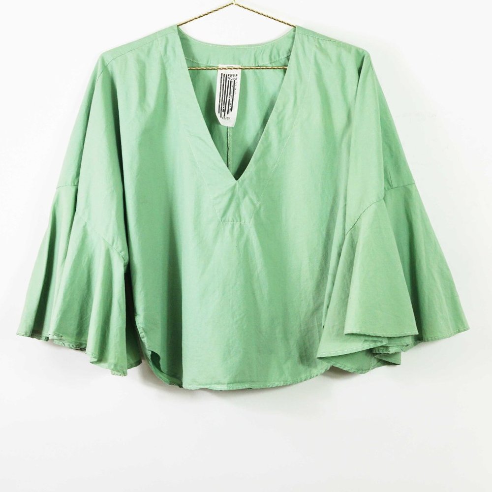Free People V-Neck Ruffle Bell Sleeve Cotton Top